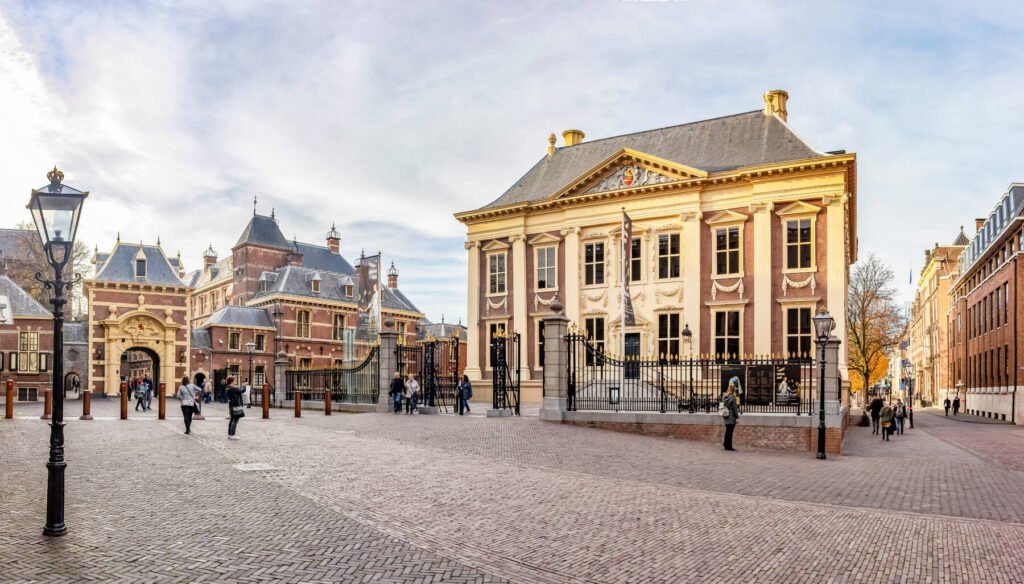 Panorama photo of the Mauritshuis with the Grenadierspoort to the Binnenhof in the Hague