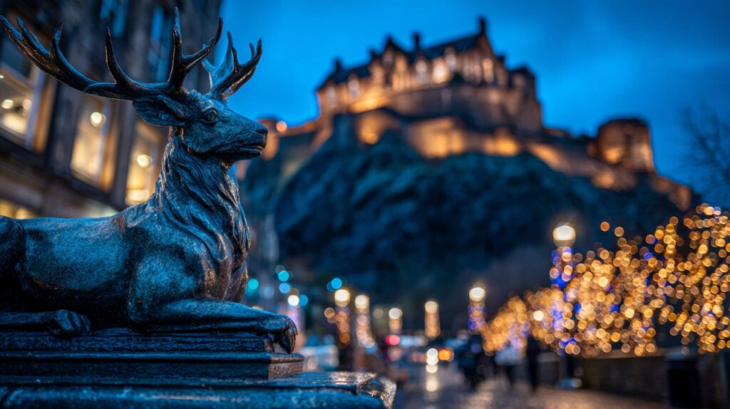 Focused figure with Edinburgh Castle illuminated with Christmas lights in the background